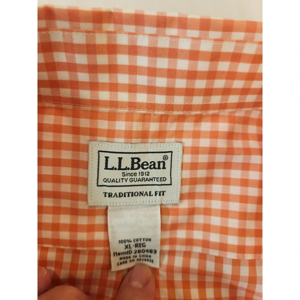 L.L. Bean Men's Orange Gingham Button-Up Shirt Size XL 100% Cotton Short‎ Sleeve